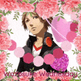 a picture of a boy surrounded by pink flowers with the words " yosuke wednesday "