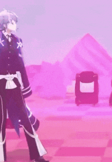 a man in a mask is standing in front of a pink tent .