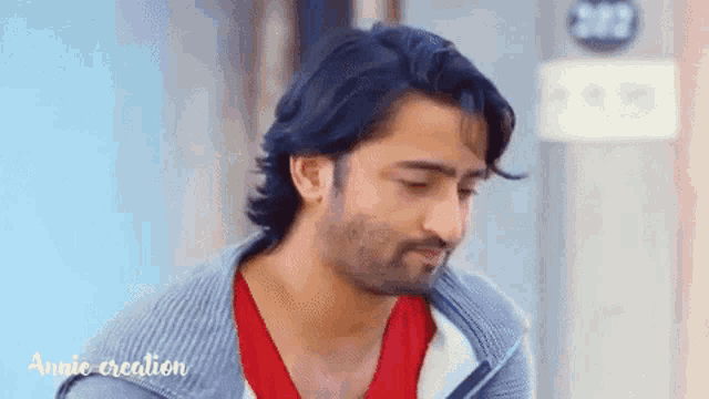 a man with a beard and long hair is wearing a red shirt and a gray sweater .