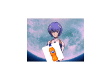 a cartoon girl is holding a bottle of fanta orange soda