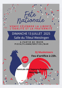 a poster for fete nationale shows a rooster and says dimanche 13 juillet 2025