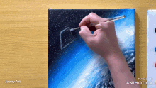 a person is painting a picture of the earth with a brush on a canvas made in animatica