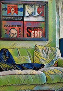 a painting of a man laying on a couch with a success grid sign behind him