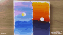 a painting of a sunset and mountains is made by wow art
