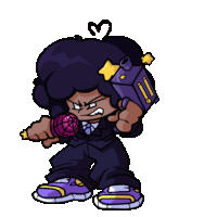 a cartoon character is holding a microphone and a purple container