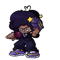 a cartoon character is holding a microphone and a purple container
