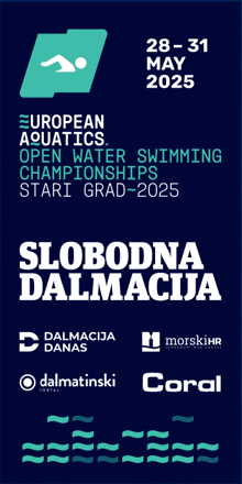 a poster for european aquatics open water swimming championships in stari grad 2025
