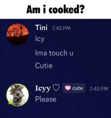 a screenshot of a conversation between tini and icyy asking if they are cooked