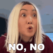 a woman with blonde hair is making a surprised face with the words no , no written on her face