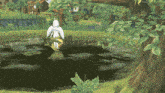 a video game scene shows a pond with a statue in the middle
