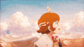 a cartoon girl with a feather in her hair is looking up at the sky