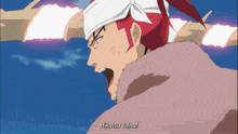 a man with red hair and a bandage on his head is shouting hikotsu taiho