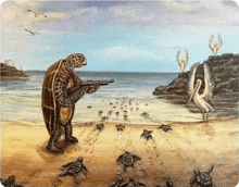 a painting of a sea turtle holding a gun on the beach