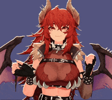 a girl with red hair and horns is wearing a crop top and black gloves