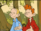 two cartoon boys are standing next to each other in a forest