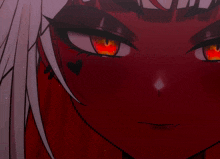 a close up of a cartoon character with red eyes and a cross on her ear