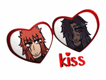 a couple of hearts with the word kiss in red