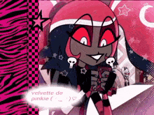 a cartoon character with skulls on her ears is smiling and holding a card .