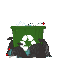 a green trash can with a recycling symbol on the front