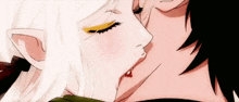 a man and a woman are kissing in a cartoon . the woman has blood on her lips .