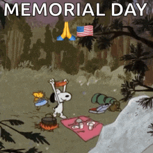 a cartoon of snoopy and woodstock celebrating memorial day in the woods