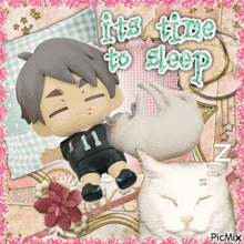 a picture of a boy and a cat with the words it 's time to sleep on it