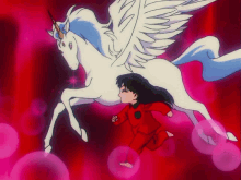 a girl in a red outfit is running next to a unicorn