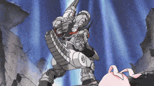 a robot is standing on a rock holding a gun