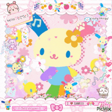 a picture of a colorful sanrio bunny with flowers and hearts