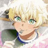 a girl with blonde hair is holding a fork in her mouth