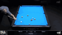 a man is playing pool on a diamond pool table sponsored by csi