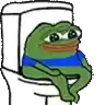 a green frog is sitting on a toilet in a blue shirt .