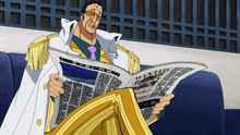 a man sitting on a couch reading a newspaper with the word wanted on it