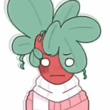 a cartoon of a person with green leaves on their head and a scarf around their neck .