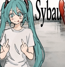 a drawing of a girl with blue hair and the word sybau
