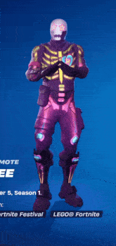 a skeleton in a purple outfit with glow in the dark eyes