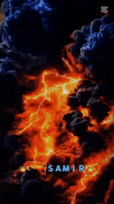 a man 's face is surrounded by flames and the name samir is on the bottom right