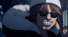 a cartoon character is wearing a hat and sunglasses and smiling .