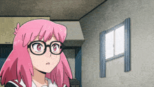 a girl with pink hair is wearing glasses and looking out a window