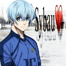 a drawing of a boy with blue hair and the word sybau