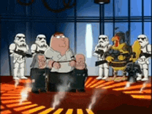 peter griffin is standing in front of a group of storm trooper soldiers