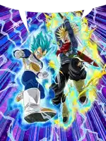 a cartoon of vegeta and trunks with lightning behind them