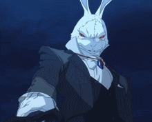 a white rabbit wearing a suit and tie with a blue necklace