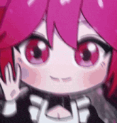 a close up of a cartoon character with pink hair waving her hand