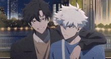 a couple of anime characters standing next to each other with their arms around each other