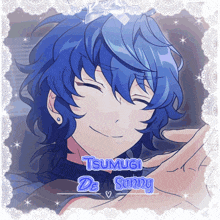 a picture of a blue haired anime character with the name tsumigi de sunny