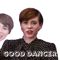 a woman in a polka dot shirt has the words good dancer on her face