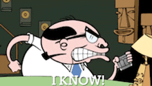a cartoon of a man holding a glass with the words " i know " above him
