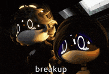 a robot is holding another robot 's hand and the word breakup is visible
