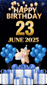 a birthday card for june 23 2025 with a teddy bear and balloons